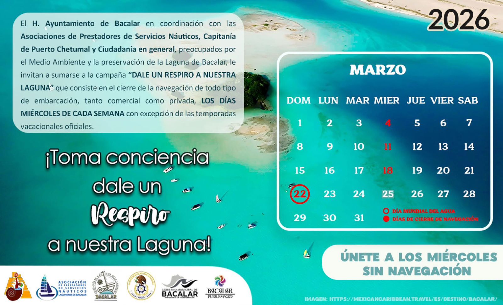 Calendario de navegación laguna de Bacalar. Marzo 2026